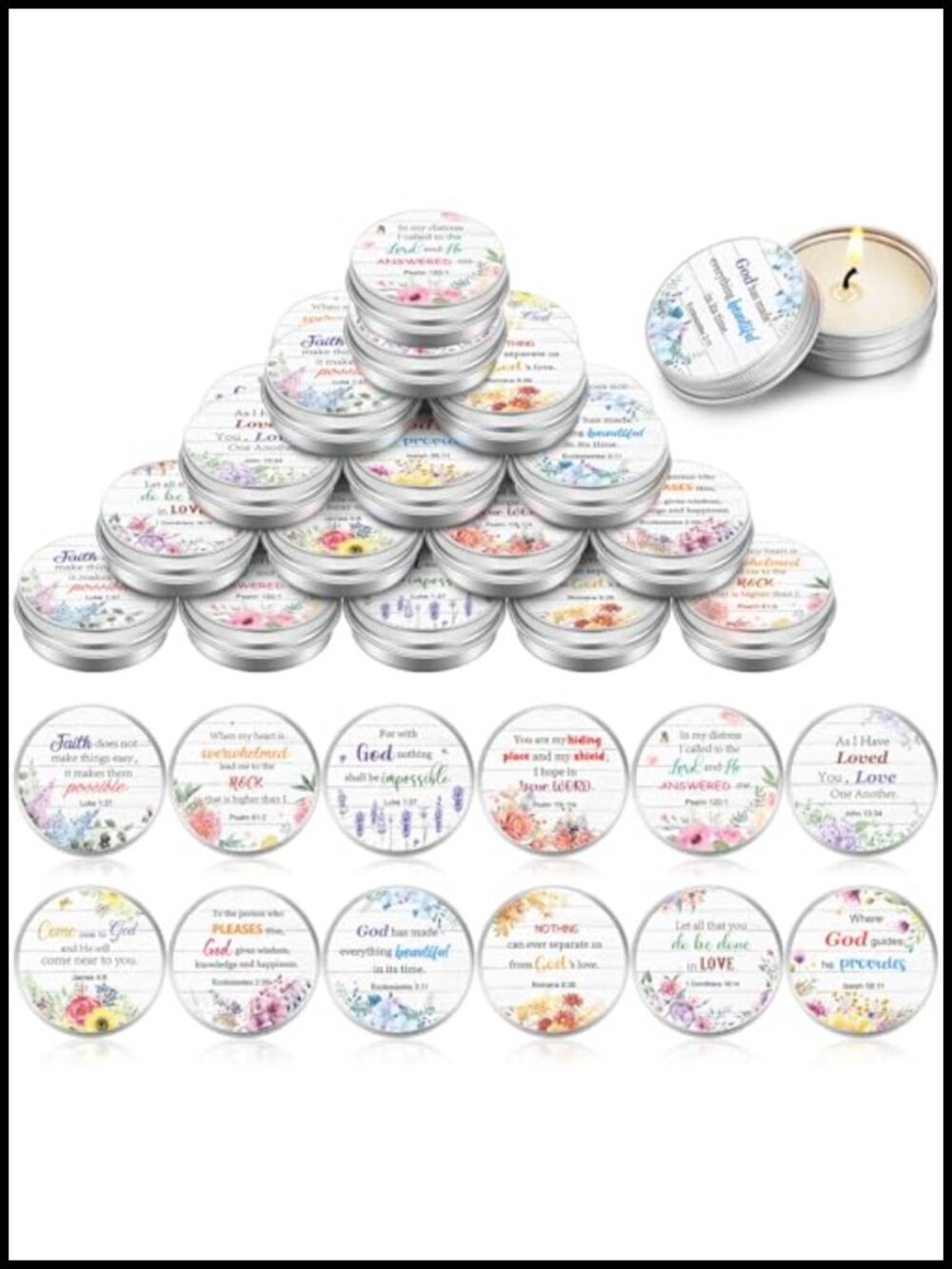 36 Set Prayer Candles Bible Verses Scented Tins with Lids Floral Soy Wax